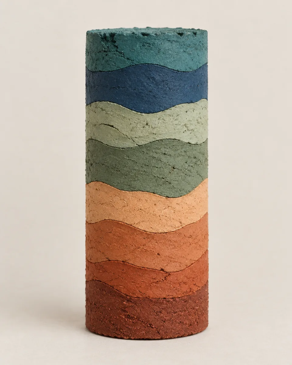 A core sample of layered clay, standing upright: wavy bands from teal and navy at the top, through sage and apricot, to terracotta and rust.