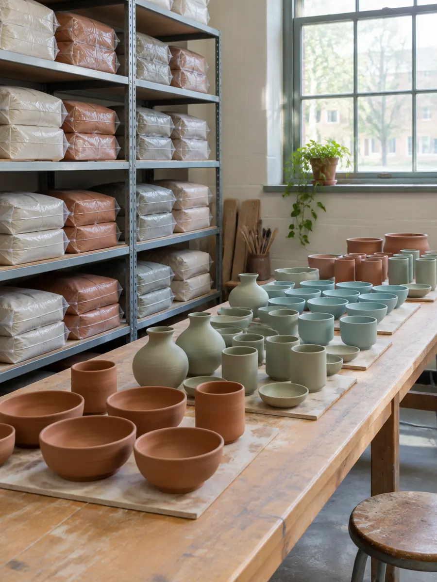 A school ceramics room in daylight: steel shelves of bagged clay, and a long table of drying pots.