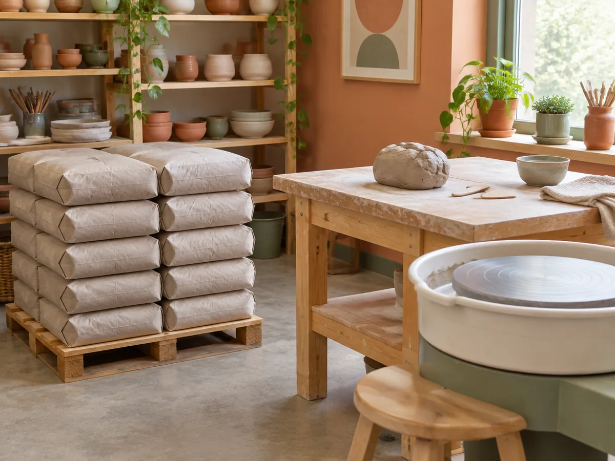 A studio clay store: stacked clay bags on a pallet beside a wedging table, a pottery wheel and shelves of pots.